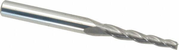 Accupro - 2° Taper Angle per Side, 3/32" Small End Diam, 3/4" LOC, Solid Carbide 3 Flute Tapered Square End Mill - 2-1/2" OAL, 1/4" Shank Diam, Spiral Flute - USA Tool & Supply