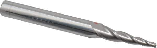 Accupro - 5° Taper Angle per Side, 3/32" Small End Diam, 1" LOC, Solid Carbide 3 Flute Tapered Square End Mill - 3" OAL, 3/8" Shank Diam, Spiral Flute - USA Tool & Supply