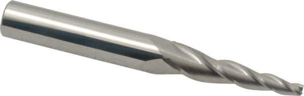 Accupro - 5° Taper Angle per Side, 1/8" Small End Diam, 1-1/4" LOC, Solid Carbide 3 Flute Tapered Square End Mill - 3-1/2" OAL, 3/8" Shank Diam, Spiral Flute - USA Tool & Supply