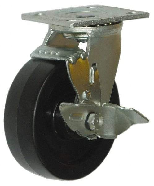 Value Collection - 5" Diam x 2" Wide x 6-1/2" OAH Top Plate Mount Swivel Caster with Brake - Phenolic, 1,000 Lb Capacity, Roller Bearing, 4 x 4-1/2" Plate - USA Tool & Supply