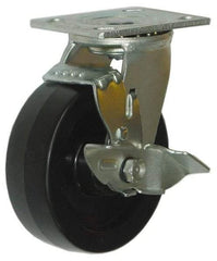 Value Collection - 5" Diam x 2" Wide x 6-1/2" OAH Top Plate Mount Swivel Caster with Brake - Phenolic, 1,000 Lb Capacity, Roller Bearing, 4 x 4-1/2" Plate - USA Tool & Supply