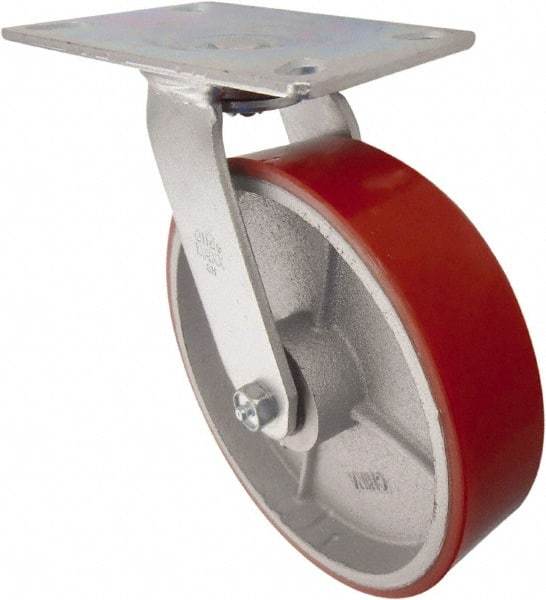 Value Collection - 8" Diam x 2" Wide x 9-1/2" OAH Top Plate Mount Swivel Caster - Polyurethane, 1,000 Lb Capacity, Roller Bearing, 4-1/2 x 6-1/4" Plate - USA Tool & Supply