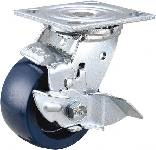 Value Collection - 4" Diam x 2" Wide x 5-5/8" OAH Top Plate Mount Swivel Caster with Brake - Polyurethane, 600 Lb Capacity, Roller Bearing, 4 x 4-1/2" Plate - USA Tool & Supply