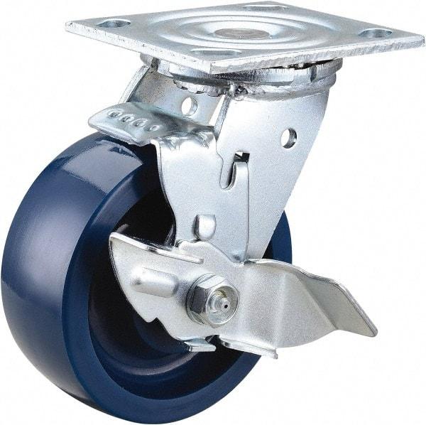 Value Collection - 5" Diam x 2" Wide x 6-1/2" OAH Top Plate Mount Swivel Caster with Brake - Polyurethane, 650 Lb Capacity, Roller Bearing, 4 x 4-1/2" Plate - USA Tool & Supply