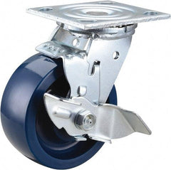 Value Collection - 5" Diam x 2" Wide x 6-1/2" OAH Top Plate Mount Swivel Caster with Brake - Polyurethane, 650 Lb Capacity, Roller Bearing, 4 x 4-1/2" Plate - USA Tool & Supply
