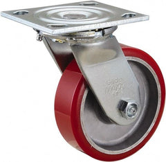 Value Collection - 5" Diam x 1-1/2" Wide x 6-1/2" OAH Top Plate Mount Swivel Caster - Polyurethane, 720 Lb Capacity, Roller Bearing, 4 x 4-1/2" Plate - USA Tool & Supply