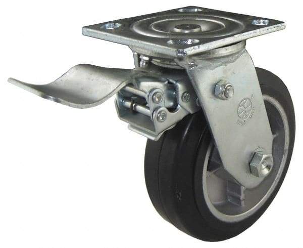 Value Collection - 5" Diam x 2" Wide x 6-1/2" OAH Top Plate Mount Swivel Caster with Brake - Soft Rubber, 450 Lb Capacity, Roller Bearing, 4 x 4-1/2" Plate - USA Tool & Supply