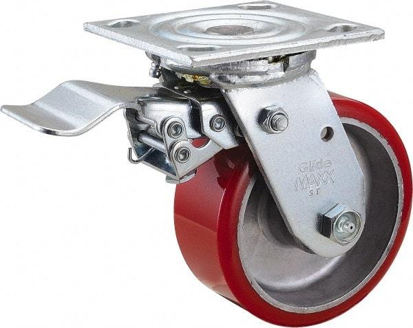 Value Collection - 5" Diam x 2" Wide x 6-1/2" OAH Top Plate Mount Swivel Caster with Brake - Polyurethane, 1,250 Lb Capacity, Roller Bearing, 4 x 4-1/2" Plate - USA Tool & Supply