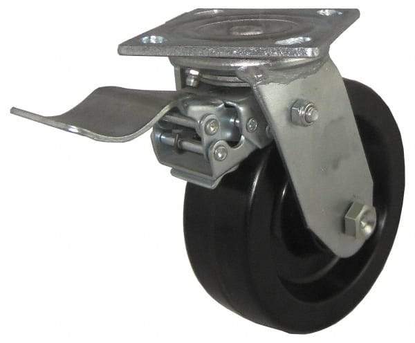 Value Collection - 5" Diam x 2" Wide x 6-1/2" OAH Top Plate Mount Swivel Caster with Brake - Phenolic, 1,100 Lb Capacity, Roller Bearing, 4 x 4-1/2" Plate - USA Tool & Supply
