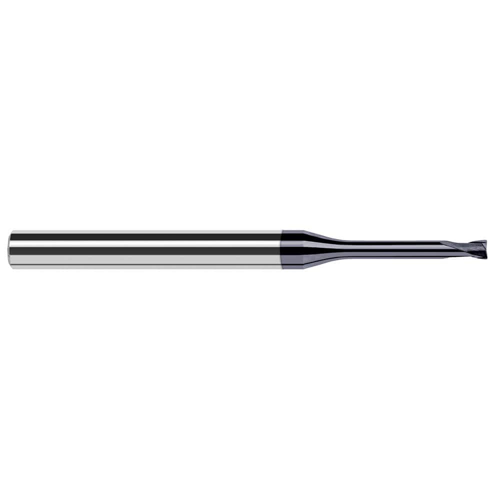 Corner Radius End Mill: 0.062″ Dia, 0.05″ LOC, 0.01″ Radius, 2 Flutes, Solid Carbide 2-1/2″ OAL, 1/4″ Shank Dia, 20 ° Helix, AlTiN Coated, Corner Radius End