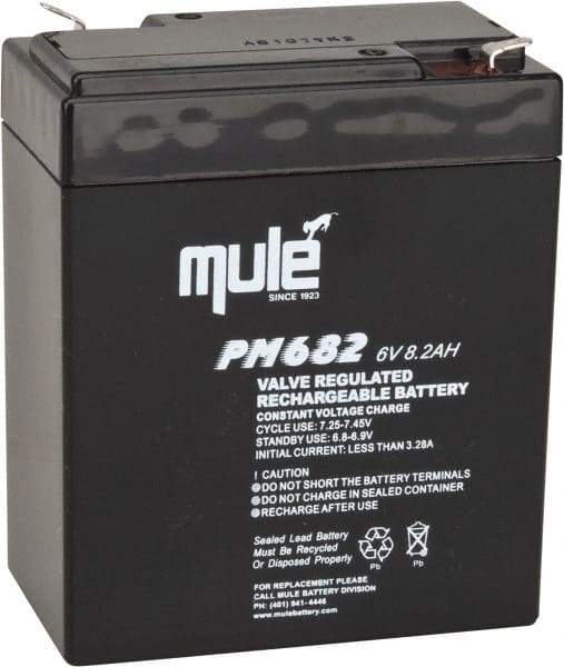 Mule - Lead-Acid, Quick-Disconnect Tab Terminal, 6 Volt, 8 Amp, Lead Rechargeable Battery - 6.35mm Tab Width x 0.8mm Tab Thickness, 2.2" Wide x 4.61" High x 3.86" Deep - USA Tool & Supply