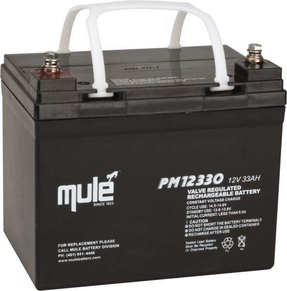 Mule - Lead-Acid, Nut/Bolt Terminal, 12 Volt, 33 Amp, Lead Rechargeable Battery - 6mm Hole Diam, 5.12" Wide x 6.61" High x 7.68" Deep - USA Tool & Supply