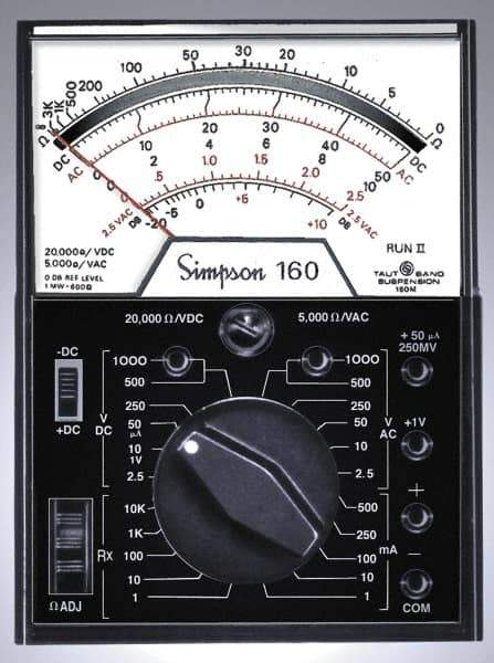 Simpson Electric - 12271, 1,000 VAC/VDC, Analog Manual Ranging Multimeter - 30 mOhm, Measures Voltage, Current, Resistance - USA Tool & Supply