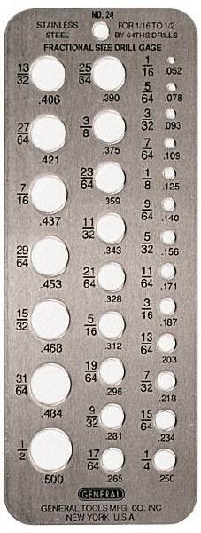 General - 1/16 Inch to 1/2 Inch Hole Size Drill Gage - 6-3/4 Inch Long, 2-3/8 Inch Wide, 29 Holes - USA Tool & Supply