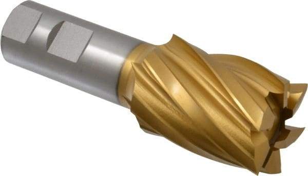 Hertel - 1-1/2", 2" LOC, 1" Shank Diam, 4-1/2" OAL, 6 Flute, High Speed Steel Square End Mill - Single End, TiN Finish, Spiral Flute, 30° Helix, Right Hand Cut, Right Hand Flute - USA Tool & Supply
