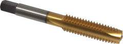 Cleveland - 7/16-14 UNC, 3 Flute, TiN Finish, High Speed Steel Spiral Point Tap - Plug Chamfer, Right Hand Thread, 3-5/32" OAL, 0.88" Thread Length, Series 1011TN - Exact Industrial Supply