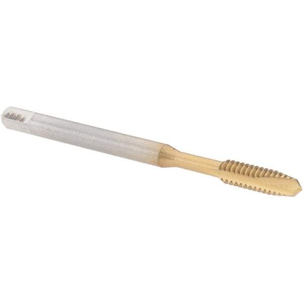 Cleveland - #6-32 UNC, 2 Flute, TiN Finish, High Speed Steel Spiral Point Tap - Plug Chamfer, Right Hand Thread, 50.8mm OAL, 0.38" Thread Length, 2B Class of Fit, Series 1011TN - Exact Industrial Supply