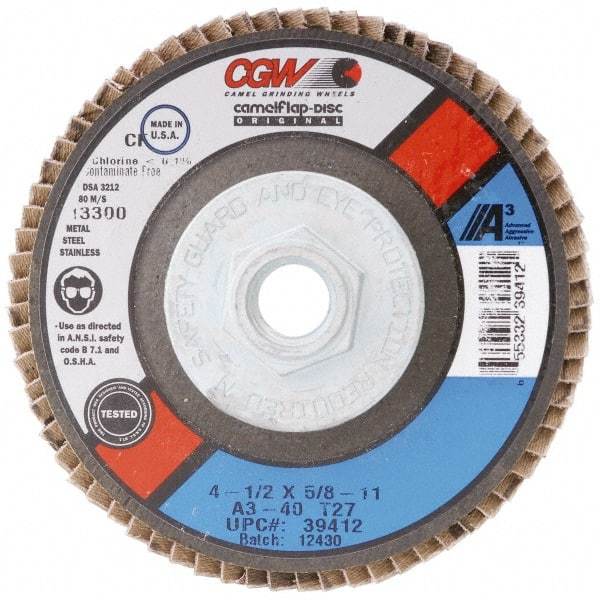 Camel Grinding Wheels - 120 Grit, 7" Disc Diam, 7/8" Center Hole, Type 29 Aluminum Oxide Flap Disc - 8,600 Max RPM, Polyester Backing, Arbor Attaching System, Coated - USA Tool & Supply