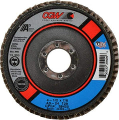 Camel Grinding Wheels - 24 Grit, 4-1/2" Disc Diam, 7/8" Center Hole, Type 29 Aluminum Oxide Flap Disc - 13,300 Max RPM, Polyester Backing, Arbor Attaching System, Coated - USA Tool & Supply