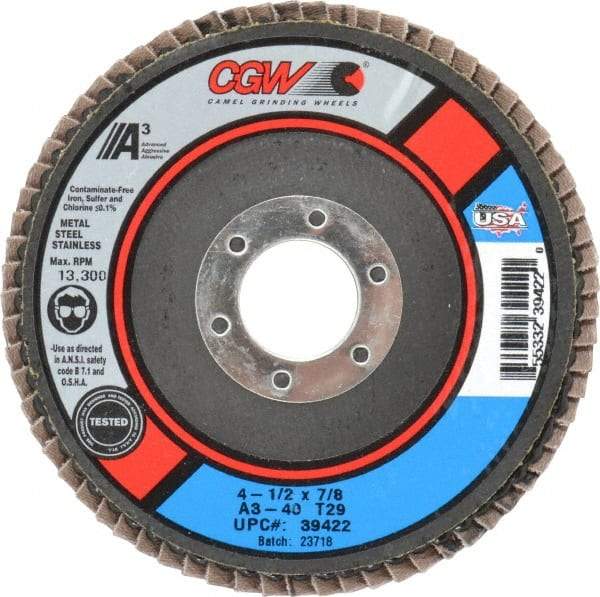 Camel Grinding Wheels - 40 Grit, 4-1/2" Disc Diam, 7/8" Center Hole, Type 29 Aluminum Oxide Flap Disc - 13,300 Max RPM, Polyester Backing, Arbor Attaching System, Coated - USA Tool & Supply