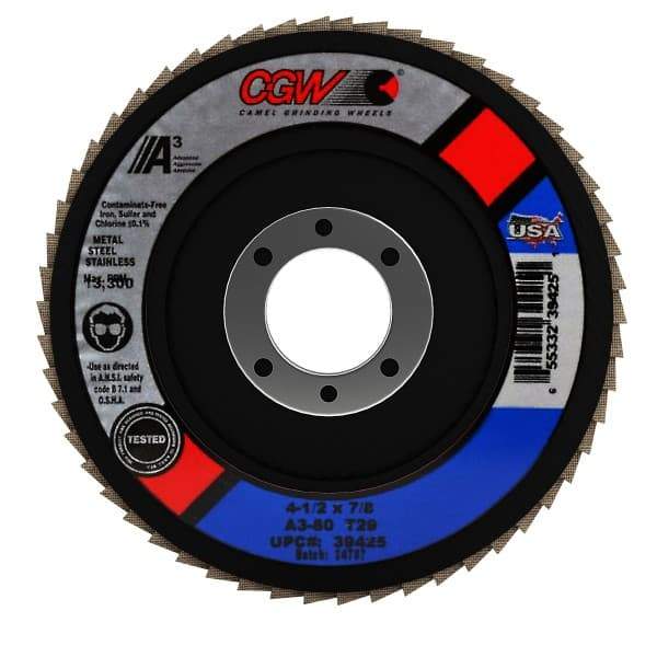 Camel Grinding Wheels - 80 Grit, 4-1/2" Disc Diam, 7/8" Center Hole, Type 29 Aluminum Oxide Flap Disc - 13,300 Max RPM, Polyester Backing, Arbor Attaching System, Coated - USA Tool & Supply
