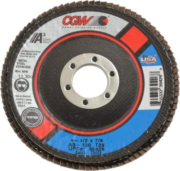 Camel Grinding Wheels - 120 Grit, 4-1/2" Disc Diam, 7/8" Center Hole, Type 29 Aluminum Oxide Flap Disc - 13,300 Max RPM, Polyester Backing, Arbor Attaching System, Coated - USA Tool & Supply