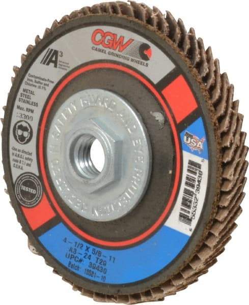 Camel Grinding Wheels - 24 Grit, 4-1/2" Disc Diam, 5/8-11 Center Hole, Type 29 Aluminum Oxide Flap Disc - 13,300 Max RPM, Polyester Backing, Arbor Attaching System, Coated - USA Tool & Supply