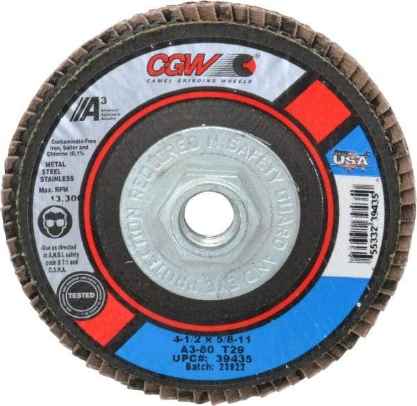 Camel Grinding Wheels - 80 Grit, 4-1/2" Disc Diam, 5/8-11 Center Hole, Type 29 Aluminum Oxide Flap Disc - 13,300 Max RPM, Polyester Backing, Arbor Attaching System, Coated - USA Tool & Supply