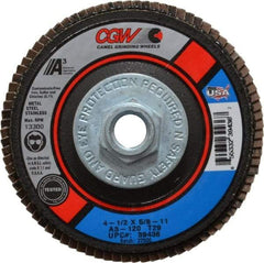 Camel Grinding Wheels - 120 Grit, 4-1/2" Disc Diam, 5/8-11 Center Hole, Type 29 Aluminum Oxide Flap Disc - 13,300 Max RPM, Polyester Backing, Arbor Attaching System, Coated - USA Tool & Supply