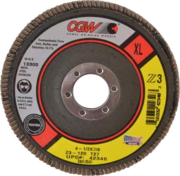Camel Grinding Wheels - 120 Grit, 4-1/2" Disc Diam, 7/8" Center Hole, Type 27 Zirconia Alumina Flap Disc - 13,300 Max RPM, Poly Cotton Backing, Arbor Attaching System, Coated - USA Tool & Supply