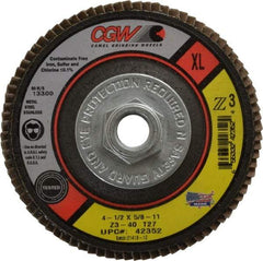Camel Grinding Wheels - 40 Grit, 4-1/2" Disc Diam, 5/8-11 Center Hole, Type 27 Zirconia Alumina Flap Disc - 13,300 Max RPM, Poly Cotton Backing, Arbor Attaching System, Coated - USA Tool & Supply