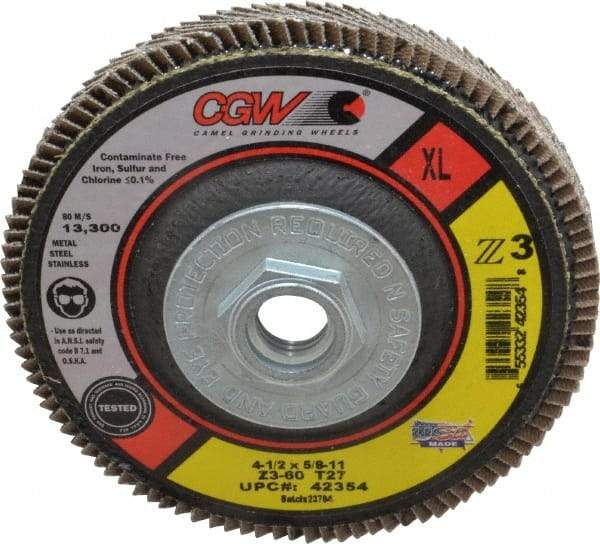 Camel Grinding Wheels - 60 Grit, 4-1/2" Disc Diam, 5/8-11 Center Hole, Type 27 Zirconia Alumina Flap Disc - 13,300 Max RPM, Poly Cotton Backing, Arbor Attaching System, Coated - USA Tool & Supply