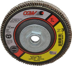 Camel Grinding Wheels - 60 Grit, 4-1/2" Disc Diam, 5/8-11 Center Hole, Type 27 Zirconia Alumina Flap Disc - 13,300 Max RPM, Poly Cotton Backing, Arbor Attaching System, Coated - USA Tool & Supply