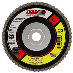 Camel Grinding Wheels - 120 Grit, 4-1/2" Disc Diam, 5/8-11 Center Hole, Type 27 Zirconia Alumina Flap Disc - 13,300 Max RPM, Poly Cotton Backing, Arbor Attaching System, Coated - USA Tool & Supply