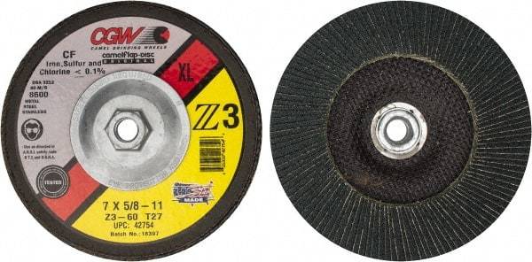 Camel Grinding Wheels - 60 Grit, 7" Disc Diam, 5/8-11 Center Hole, Type 27 Zirconia Alumina Flap Disc - 8,600 Max RPM, Poly Cotton Backing, Arbor Attaching System, Coated - USA Tool & Supply
