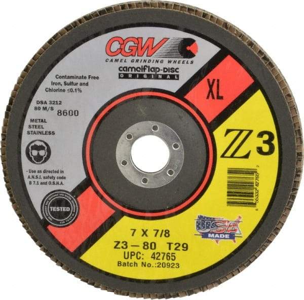 Camel Grinding Wheels - 80 Grit, 7" Disc Diam, 5/8-11 Center Hole, Type 29 Zirconia Alumina Flap Disc - 8,600 Max RPM, Poly Cotton Backing, Arbor Attaching System, Coated - USA Tool & Supply