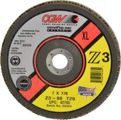 Camel Grinding Wheels - 80 Grit, 7" Disc Diam, 5/8-11 Center Hole, Type 29 Zirconia Alumina Flap Disc - 8,600 Max RPM, Poly Cotton Backing, Arbor Attaching System, Coated - USA Tool & Supply