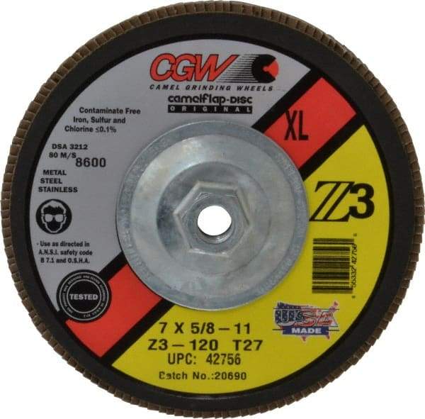Camel Grinding Wheels - 120 Grit, 7" Disc Diam, 5/8-11 Center Hole, Type 27 Zirconia Alumina Flap Disc - 8,600 Max RPM, Poly Cotton Backing, Arbor Attaching System, Coated - USA Tool & Supply