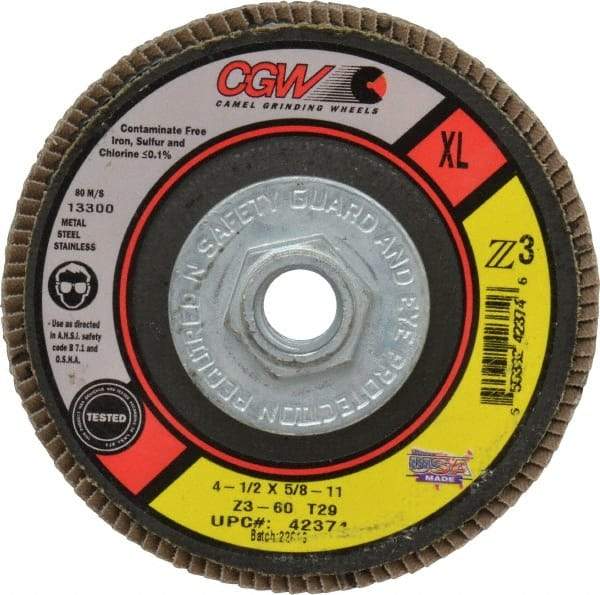 Camel Grinding Wheels - 60 Grit, 4-1/2" Disc Diam, 5/8-11 Center Hole, Type 29 Zirconia Alumina Flap Disc - 13,300 Max RPM, Poly Cotton Backing, Arbor Attaching System, Coated - USA Tool & Supply