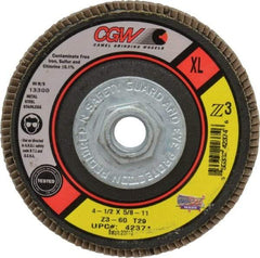 Camel Grinding Wheels - 60 Grit, 4-1/2" Disc Diam, 5/8-11 Center Hole, Type 29 Zirconia Alumina Flap Disc - 13,300 Max RPM, Poly Cotton Backing, Arbor Attaching System, Coated - USA Tool & Supply