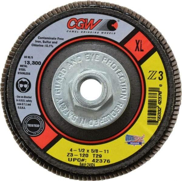 Camel Grinding Wheels - 120 Grit, 4-1/2" Disc Diam, 5/8-11 Center Hole, Type 29 Zirconia Alumina Flap Disc - 13,300 Max RPM, Poly Cotton Backing, Arbor Attaching System, Coated - USA Tool & Supply