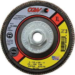 Camel Grinding Wheels - 120 Grit, 4-1/2" Disc Diam, 5/8-11 Center Hole, Type 29 Zirconia Alumina Flap Disc - 13,300 Max RPM, Poly Cotton Backing, Arbor Attaching System, Coated - USA Tool & Supply