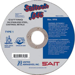 Sait - 4-1/2" Ceramic Cutoff Wheel - 0.045" Thick, 7/8" Arbor, 13,300 Max RPM, Use with Angle Grinders - USA Tool & Supply