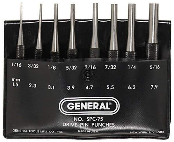 General - 8 Piece, 1/16 to 5/16", Pin Punch Set - Comes in Plastic Case - USA Tool & Supply