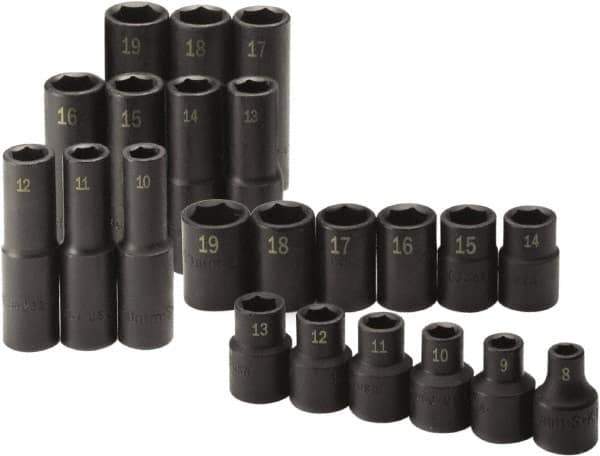 SK - 22 Piece 1/2" Drive Standard Deep Impact Socket Set - 6 Points, 8 to 19mm, Metric Measurement Standard - USA Tool & Supply