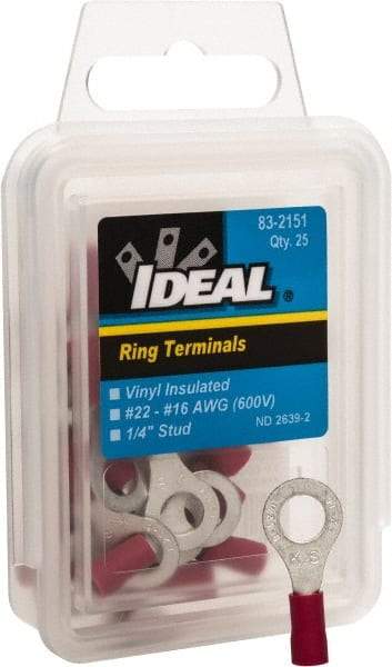 Ideal - 22-18 AWG Partially Insulated Crimp Connection Circular Ring Terminal - 1/4" Stud, 1.055" OAL x 0.394" Wide, Tin Plated Brass Contact - USA Tool & Supply