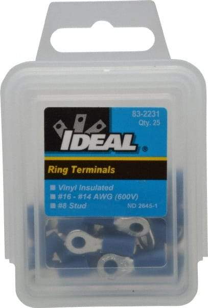 Ideal - 16-14 AWG Partially Insulated Crimp Connection Circular Ring Terminal - #8 Stud, 0.858" OAL x 0.394" Wide, Tin Plated Brass Contact - USA Tool & Supply