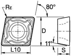 Kennametal - CPMT21.51 MF Grade KCPK30 Carbide Milling Insert - TiN/TiCN/Al2O3 Finish, 0.0937" Thick, 1/4" Inscribed Circle, 0.4mm Corner Radius - USA Tool & Supply