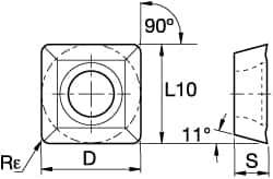 Kennametal - SPCH322 Grade KC725M Carbide Milling Insert - TiN/TiCN/TiN Finish, 0.1252" Thick, 0.3752" Inscribed Circle, 0.8mm Corner Radius - USA Tool & Supply