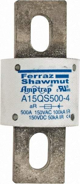 Ferraz Shawmut - 150 VAC/VDC, 500 Amp, Fast-Acting Semiconductor/High Speed Fuse - Bolt-on Mount, 3-1/2" OAL, 100 at AC, 50 at DC kA Rating, 1-1/2" Diam - USA Tool & Supply